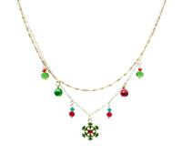 Collier de Noël rouge et vert plaqué or en émail coloré avec nœud, fleur, flocon de neige, clochette, cristal chic pour femme, cadeau de Noël, Medium, Acier allié, Zircone cubique