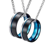 Collier de Partenaire avec Ensemble de Gravure de 2 Anneaux de Pendentif en Acier Inoxydable de 8 mm chaîne de Couple brossé Tricolore avec Gravure Bleu Blue Men's Collier 60 cm Chaîne féminine 50