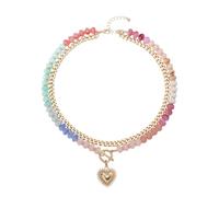 Collier de perles à double couche pour femme - Couleur arc-en-ciel dégradé - Collier épais avec pendentif en forme de cœur - Bijou décontracté pour une fête de plage quotidienne