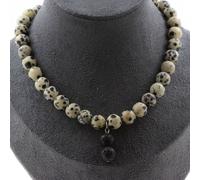 Collier de perles de jaspe dalmatien 8 mm + 2 perles de lave 8 mm en acier inoxydable