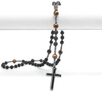 Collier de perles Donley - Pierre de lave - Collier de lave - Oeil de tigre - Croix en hématite - Collier chapelet - Collier de prière - Collier en pierre naturelle - Collier de lave volcanique
