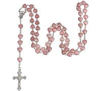 Collier De Prière du Chapelet en Forme De Coeur Catholique, Perles De Chapelet Rose en Plastique Collier De Charme Cross