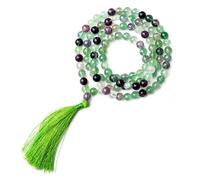Collier de prière unisexe en fluorite naturelle de 81,3 cm de long avec 108 perles + 1 perle en cristal avec pompon en fil de soie, perles de prière bouddhiste de méditation