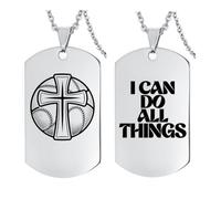 Collier de sport en acier inoxydable avec croix chrétienne, basket-ball, baseball, football, verset de la Bible gravé, cadeau inspirant pour homme « I Can Do All Things »