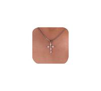 Collier délicat avec pendentif en forme de croix en faux diamant pour femme - Joli collier simple en oxyde de zirconium plaqué platine - Pendentif religieux pour anniversaire de mariage - Accessoires