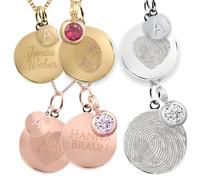 Collier d'empreintes digitales personnalisable avec gravure - En option avec pierre de naissance ou lettres - Plaqué or rose 18 carats - Bijou souvenir et idée cadeau