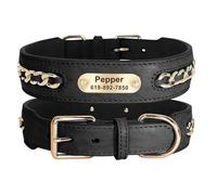 Collier d'identification pour chien en cuir gravé sur mesure avec plaque nominative anti-perte, réglable, accessoire pour carlin, chihuahua, labrador, noir, M