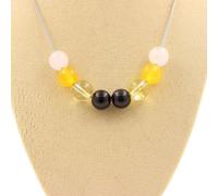 Collier d'obsidienne noire + agate jaune + citrine + perles de quartz rose 8 mm