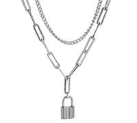 Collier en acier inoxydable avec cadenas - Style punk - Pendentif double couche - Bijoux pour homme et femme - Sans pierre précieuse, Acier inoxydable, Sans pierre précieuse