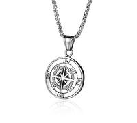 Collier en acier inoxydable avec pendentif boussole pour homme, 32 mm, Acier inoxydable, Pas de pierre précieuse