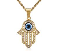 Collier en acier inoxydable avec pendentif en forme de main de Fatma en oxyde de zirconium bleu en 3D avec pendentif œil d'Horus sur arbre de vie égyptien, 61 cm, Moyen, Zircone cubique, Strass