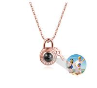 Collier en argent 925 en forme de clé avec pendentif de projection de photo personnalisé - Cadeaux féminins - Bijoux souvenirs de Saint-Valentin (or rose)