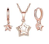 Collier en argent 925 pour femme fille, Pendentif étoile, Boucles d'oreille étoile, Ensembles de bijoux étoiles, bagues d'oreilles, Or rose, Cadeau Noël anniversaire