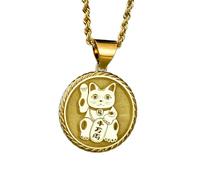 Collier en argent sterling 925 22 mm | Chaîne de 45 cm | Amulette porte-bonheur Maneki Neko | Pendentif chat agitant | Porte-bonheur japonais | Bijou de prospérité | Médaille | Plaqué or | 00363