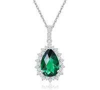 Collier en argent sterling 925 avec émeraude verte en forme de goutte d'eau pour femme - Grande pierre solitaire - Pendentif halo - Pierre de naissance taille poire