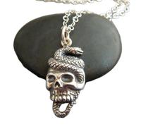 Collier en argent sterling 925 avec pendentif crâne et serpent, petit bijou d'Halloween, symbole de vie, mort et renaissance, cadeau pour motard ou fantasmagorique|Chaîne de 45 cm|Plaqué argent|_2900