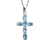 Collier en argent sterling 925 avec pendentif en forme de croix en aigue-marine naturelle ovale facettée de 28 x 13 mm et chaîne de 45 cm, apaisement, courage, chakra de la gorge, communication et
