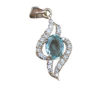 Collier en argent sterling 925 avec pendentif ovale à facettes en aigue-marine naturelle de 15 x 13 mm, motif vague de feuilles abstraites, chaîne de 45 cm, apaise le courage et le chakra de la