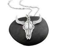 Collier en argent sterling 925 avec pendentif tête de mort de vache à longues cornes plates et petites cornes, style western, style cowgirl côtière, style rodéo rustique | avec chaîne de 45 cm |