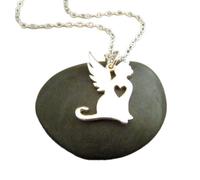 Collier en argent sterling 925, pendentif chat ange cœur ajouré, bijou commémoratif en hommage aux animaux de compagnie, bijou simple et délicat | Chaîne de 45 cm | Plaqué argent | LK_PNK_02624