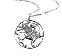 Collier en argent sterling 925 représentant un lion ailé antique. Créature mythologique, lion-faucon. Pendentif animal spirituel. Symbole de puissance, de bravoure et de sagesse. Avec chaîne de 45