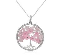 Collier en Cristal de Quartz Rose pour Femmes,Breloque Arbre de Vie Avec Chaîne en Argent,Méditation Énergétique,Fil Argenté Enroulé,Amulette,Bijoux Cadeaux pour Filles,Anniversaire,Noël,Quart