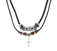 Collier en Cuir en Cuir ajusté Boho Vintage Hipppie Double Couches engelées Colliers de Pendentif en Lambeaux