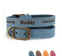Collier en Cuir personnalisé pour Chiens/Chiots + Laisse en Option | Gravure Laser - Bleu, Taille 7