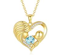 Collier en or avec pierre de naissance pour maman et enfant - Collier avec cœur « I Love You » - Cadeau de fête des mères - Bijoux de mars - Cadeau pour grand-mère, maman, épouse, 40,6 cm + 5,1 cm,