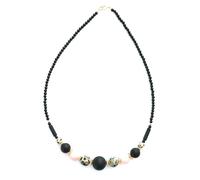 Collier en pierres véritables en onyx noir brillant et mat, avec gemmes de couleurs au centre. Montage sur câble et apprêts plaqués or. Fabrication française (OPALE ROSE/JASPE DALMATIEN, 42 CM)