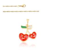 Collier - Enfant - Chaîne et Pendentif - Cerises - Plaqué Or Jaune 750/1000 - Émail - Rouge - 45 cm