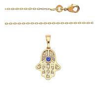 Collier - Enfant/Femme - Chaîne - Forçat - Pendentif - Main de Fatma - Cristal - Bleu - Plaqué Or Jaune 750/1000 - 3 Microns - 45