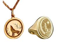 Collier et bague chevalière représentant un cerf majestueux | LK_PCOM_0484 | Pendentif en argent sterling 925, 24 mm, plaqué or, motif forêt. Ensemble de bijoux symboliques.