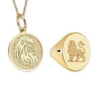 Collier et bague chevalière représentant un lion majestueux | LK_PCOM_0080 | Pendentif en argent sterling 925, 24 mm, plaqué or, symbole de leadership, ensemble de bijoux symboliques