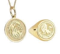 Collier et bague chevalière représentant un lion majestueux | LK_PCOM_0163 | Pendentif en argent sterling 925, 24 mm, plaqué or, symbole de pouvoir, ensemble de bijoux symboliques