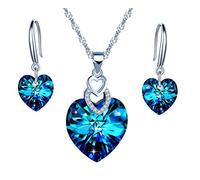 Collier et boucles d'oreille en argent 925 pour femme fille, Collier cœur cristal bleu, Pendent d'oreille de cristal, Ensembles de bijoux, Cadeau Noël anniversaire