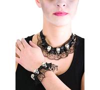 Collier et bracelet dentelle avec tête de mort Halloween - Noir - Taille Unique