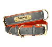 Collier et Laisse pour Chien en Cuir Rembourré Doux Personnalisé, Ensemble Collier en Cuir Personnalisé pour Petits, Moyens et Grands Chiens, Plaque Signalétique Gravée Gratuite Gray Collar,XL