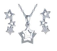 Collier étoile en Argent 925, Pendentif pour Femme Fille, Bague d'oreille étoile diamanté, orné des zircons, Ensembles de Bijoux, Argent, Cadeau Noël Anniversaire, Argent Sterling, Zircone cubique,