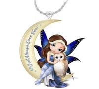 COLLIER FEE ET CHOUETTE SUR LUNE, STATUETTE FEE, FIGURINE FEE
