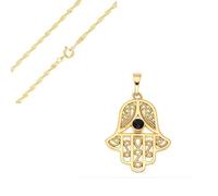 Collier - Femme - Chaîne Torsadée - Pendentif - Main de Fatma - Onyx - Plaqué Or Jaune 750/1000 - 3 Microns - 50 cm