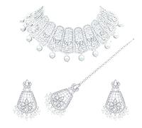 Collier Femme Ethnique Diamant Autrichien Collier Ras de Cou Boucle d'oreille Maangtikka Métal Sans Pierre Précieuse