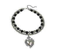 Collier gothique double rang, chaîne à boules en acier argenté avec pendentif en forme de cœur, collier ras du cou en perles noires, bijoux de déclaration pour fête d'Halloween