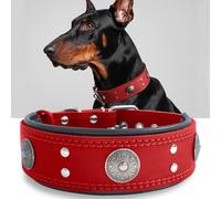 Collier Gros Chien, en Cuir Vrai de 5 cm de Largeur, Artisanal, Robuste, Doux, Luxueux, Attirant l'Œil : Le Meilleur Choix pour Les Races de Chiens de Grande et Moyenne Taille, 57-67 cm, Rouge