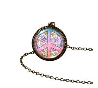Collier Hippie Accessoires pour Les Femmes et Les Hommes, Hippy Peace Sign Collier Art Painting Vintage Pendant Round Imprimé Photo Glass Dome, Long Colliers for Women Boho, Grunge