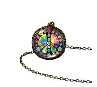Collier Hippie Accessoires pour Les Femmes et Les Hommes, Hippy Peace Sign Collier Art Painting Vintage Pendant Round Imprimé Photo Glass Dome, Long Colliers for Women Boho, Grunge
