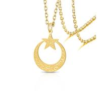 Collier islamique Ayatul Kursi avec pendentif croissant de lune et étoile Calligraphie arabe musulmane Bijoux Allah en acier inoxydable Cadeau pour l'Aïd et le Ramadan Pour homme et (doré)