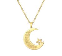 Collier islamique Ayatul Kursi Pendentif musulman croissant de lune et étoile Calligraphie arabe Allah Amulette Bijoux religieux Cadeau pour l'Aïd et le Ramadan pour femmes et hommes (Or)