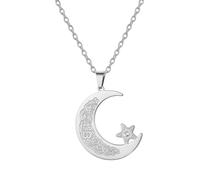 Collier islamique Ayatul Kursi Pendentif musulman croissant de lune et étoile Calligraphie arabe Allah Amulette Bijoux religieux Cadeau pour l'Aïd et le Ramadan pour femmes et hommes (Argent)
