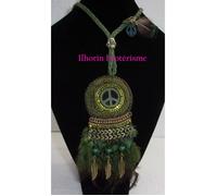 Collier - Lhorin Esotérisme - Peace and Love - Vert - 75 cm - Plumes